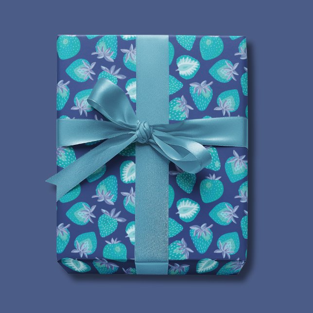 Papier Cadeau Motif fraise bleue (Cute strawberry summer fruit wrapping paper, ideal for birthdays gift wrap.)