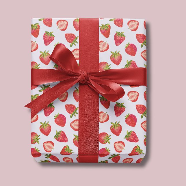 Papier Cadeau Motif fraise d'été rose (Cute strawberry summer fruit wrapping paper, ideal for birthdays gift wrap.)