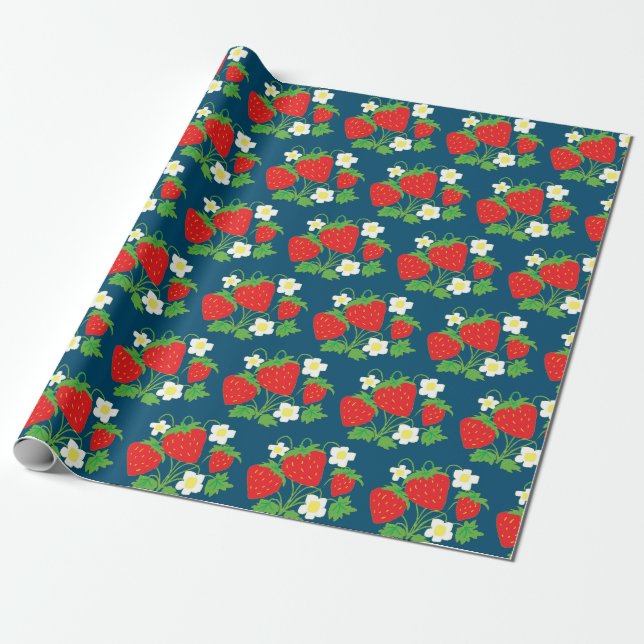 Papier Cadeau Motif fraise et fleurs bleu (Déroulé)
