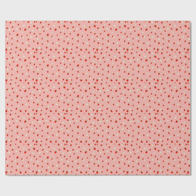 Papier Cadeau Motif Fraises et Fleurs (Plat)