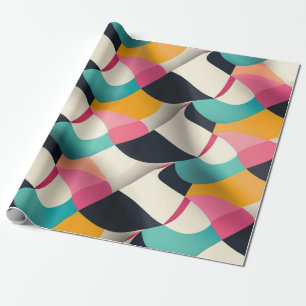 Papier Cadeau Motif géométrique 3D rétro en sarcelle, rose, mout