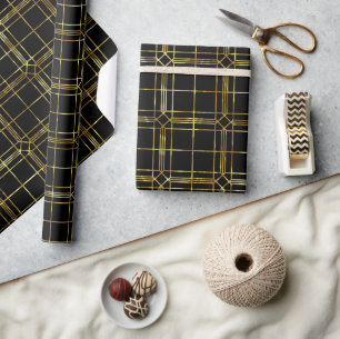 Papier Cadeau Motif géométrique à lignes noires et dorées