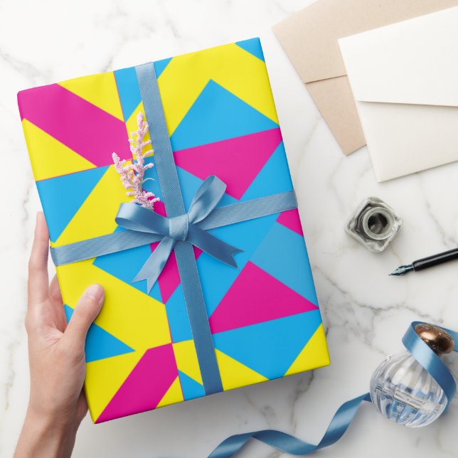 Papier Cadeau Motif géométrique Carré bleu jaune rose (Cadeaux)