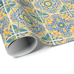 Papier Cadeau Motif géométrique complexe avec bleu, jaune