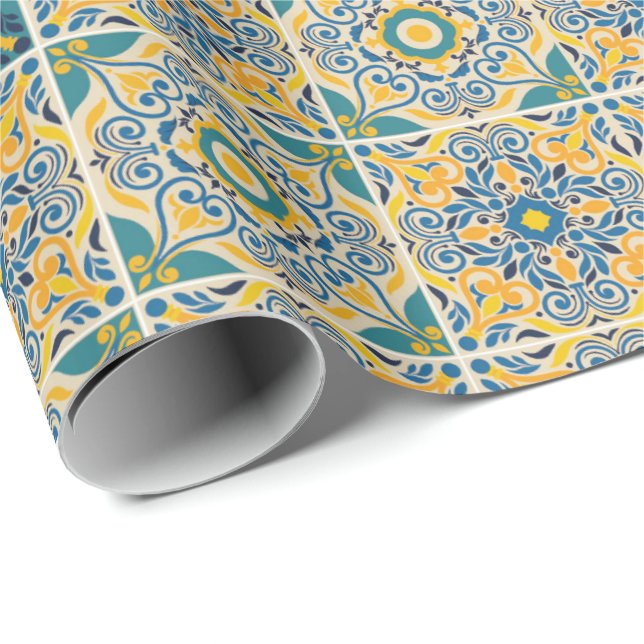 Papier Cadeau Motif géométrique complexe avec bleu, jaune (Coin rond)