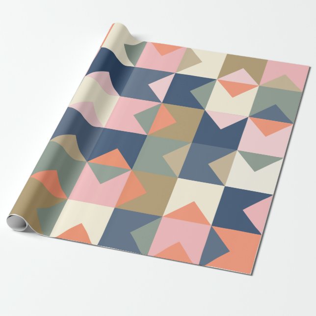 Papier Cadeau Motif géométrique mignon en marine et corail (Déroulé)