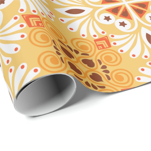 Papier Cadeau Motif géométrique orange et marron complexe (Coin rond)