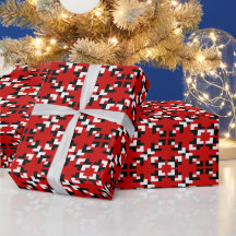 Motif géométrique pixelisé rouge, noir et blanc