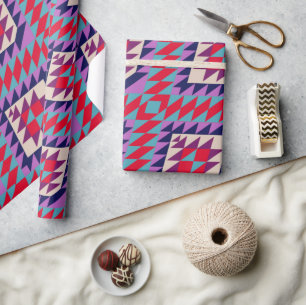 Papier Cadeau Motif géométrique tribal sud-ouest Corail Bleu mar