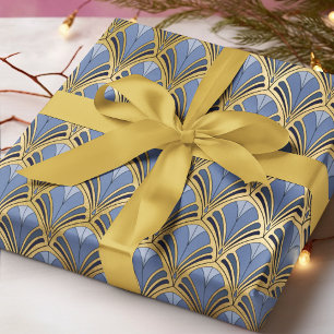 Papier Cadeau Motif géométrique vintage bleu Art Déco or