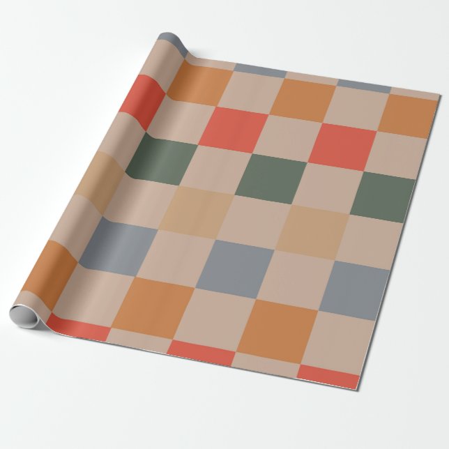 Papier Cadeau Motif Gingham à carreaux bleus beige orange marron (Déroulé)