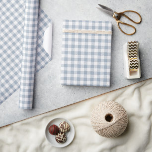 Papier Cadeau Motif Gingham Côtier Carreaux Blanc Bleu Uni