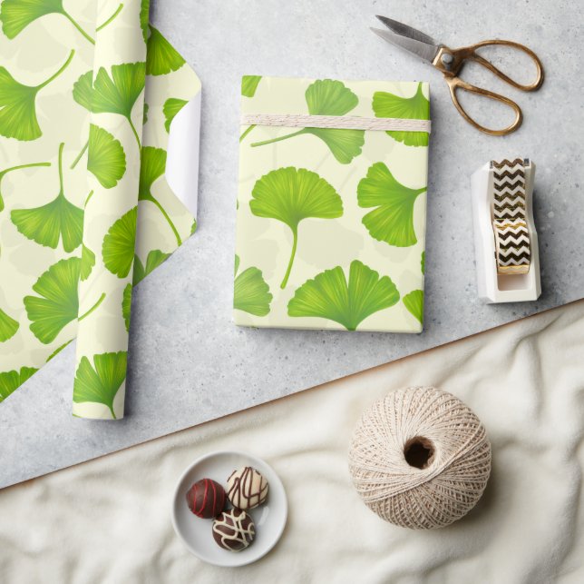 Papier Cadeau Motif Ginkgo sur blanc (Artisanat)
