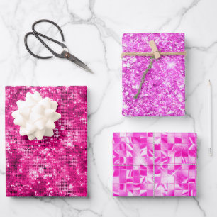 Papier Cadeau Motif Glamour Pailleté et Feuille de Magenta Rose 