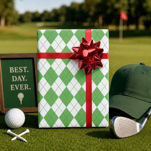 Papier Cadeau Motif Golf Argyle Vert  (Argyle Plaid Golf Gift Wrap)