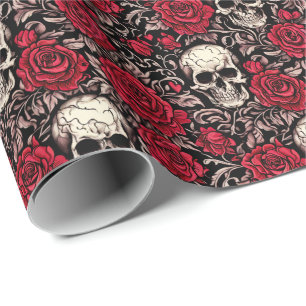 Papier Cadeau Motif gothique crâne et roses rouges