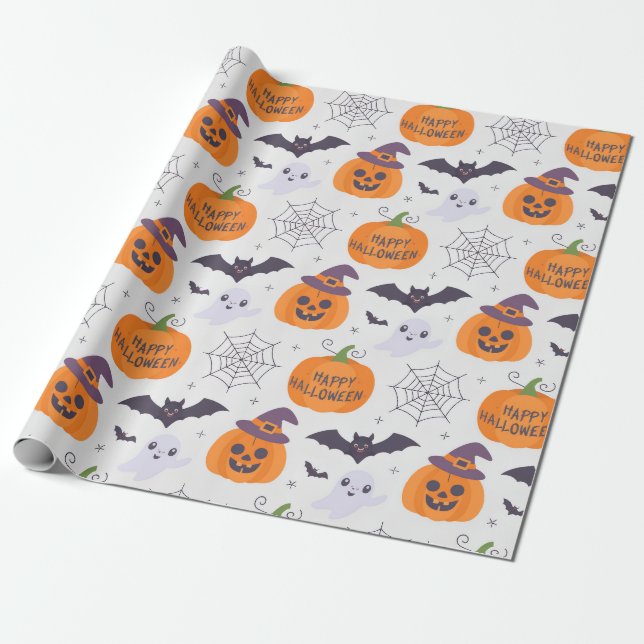 Papier Cadeau Motif Halloween Citrouille Éffrayant chauves-souri (Déroulé)