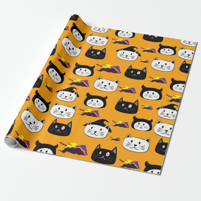 Papier Cadeau Motif Halloween Visage de Chat Mignon (Déroulé)