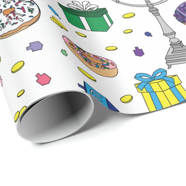 Papier Cadeau Motif Hanoukka blanc (Coin rond)