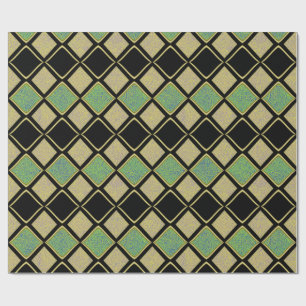 Papier Cadeau Motif Harlequin en Or, Vert et Noir