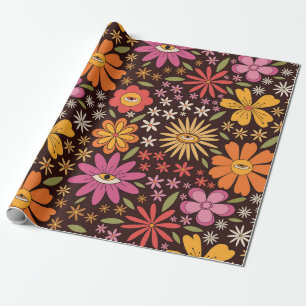 Papier Cadeau Motif Hippie Psychedélique Années 70 Fleurs Groovy