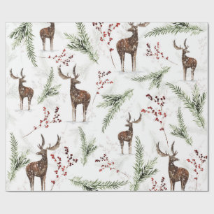 Papier Cadeau Motif Hivernal Cerfs Et Aiguilles De Sapin