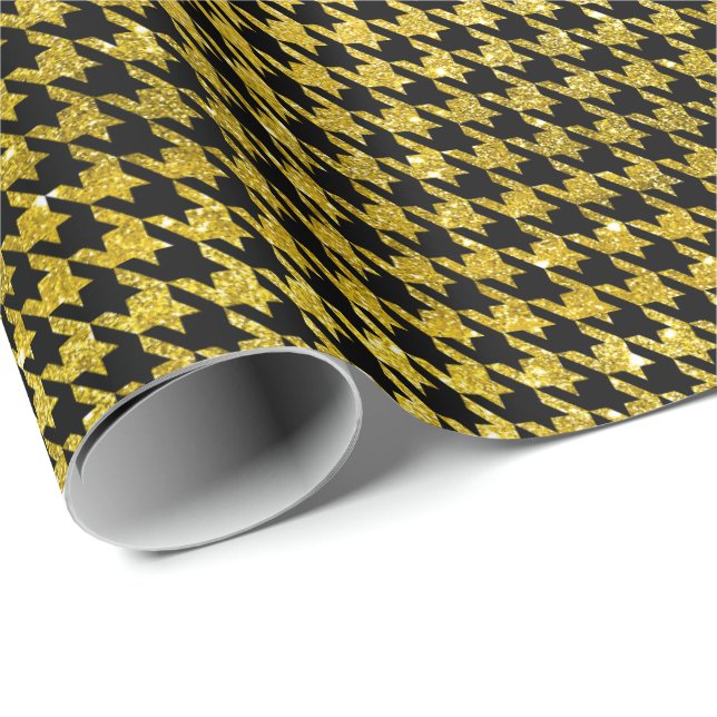 Papier Cadeau Motif Houndstooth Noir et Or Classique  (Coin rond)