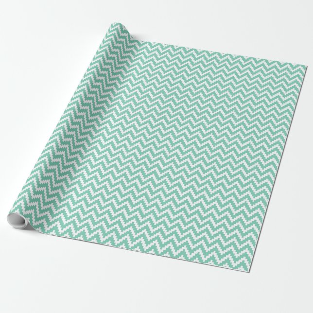 Papier Cadeau Motif Ikat Chevron Blanc Et Vert Menthe (Déroulé)