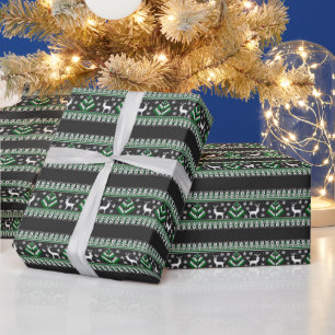 Papier Cadeau Motif île équitable d'hiver de renne en noir
