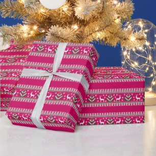 Papier Cadeau Motif Île Fair d'Hiver de Renne en Rose