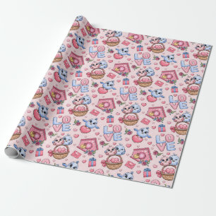 Papier Cadeau Motif impeccable avec oiseaux et coeurs