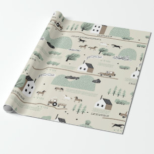 Papier Cadeau Motif incolore avec maison, arbres, cheval