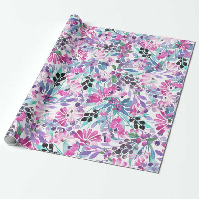 Papier Cadeau Motif incomparable de fleurs et de baies violettes (Déroulé)