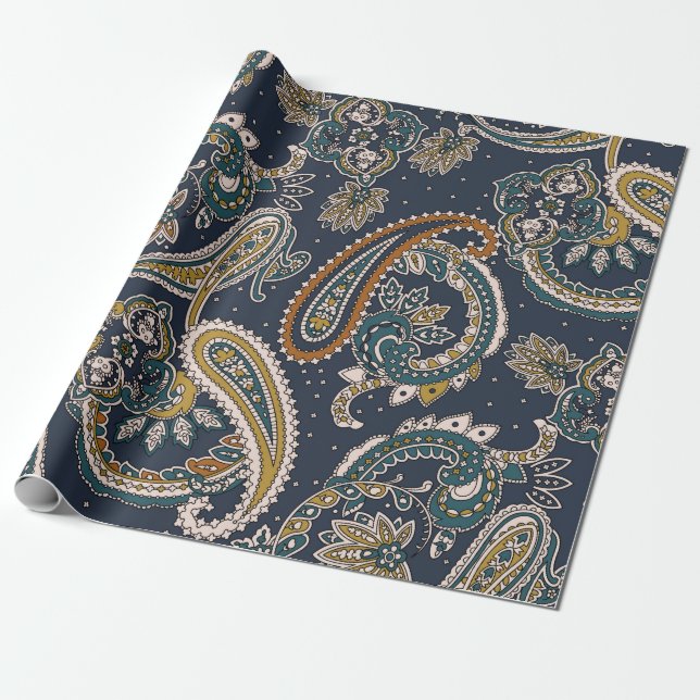Papier Cadeau Motif indien traditionnel Paisley sur fond de terr (Déroulé)