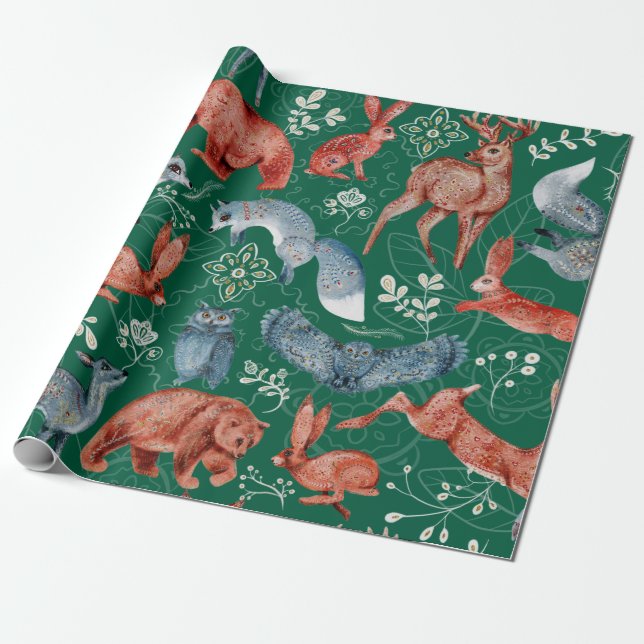 Papier Cadeau Motif intrigué d'animaux de la forêt (Déroulé)