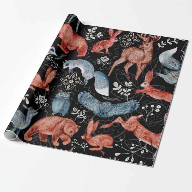 Papier Cadeau Motif intrigué d'animaux de la forêt (Déroulé)