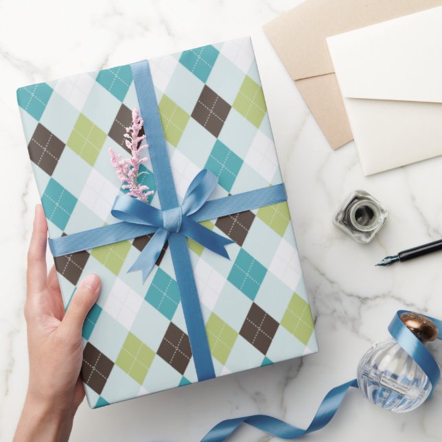 Papier Cadeau Motif Jacquard vert rétro et turquoise (Cadeaux)