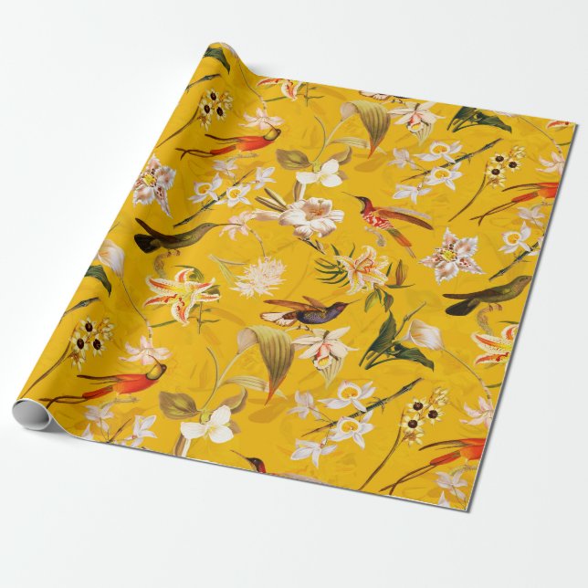 Papier Cadeau Motif Jaune de la jungle des colibris tropicaux (Déroulé)