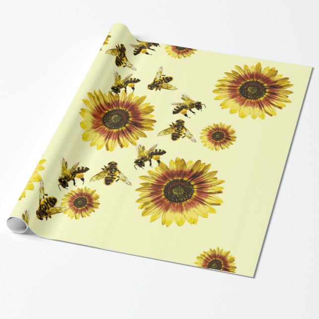 Papier Cadeau Motif jaune d'été de tournesols et d'abeilles de (Déroulé)