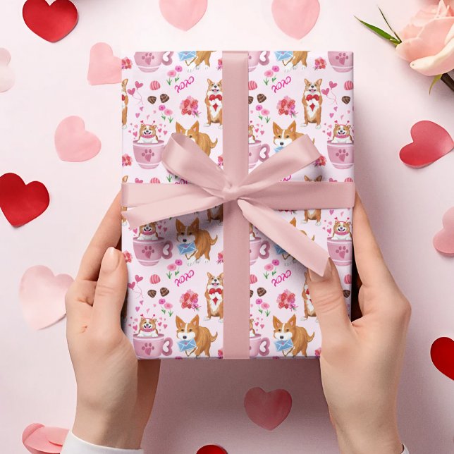Papier Cadeau Motif Joyeuse Saint-Valentin Corgi  (A sweet Corgi Valentine's Day wrapping paper for your sweetheart!)
