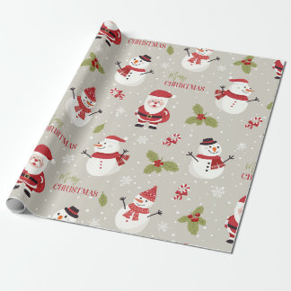 Papier Cadeau Motif joyeux Noël avec Père Noël & bonhomme de nei