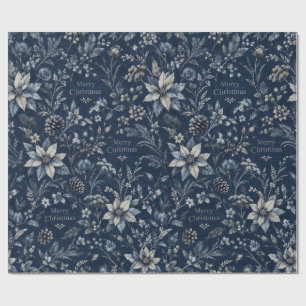 Papier Cadeau Motif joyeux Noël botanique bleu marine vintage
