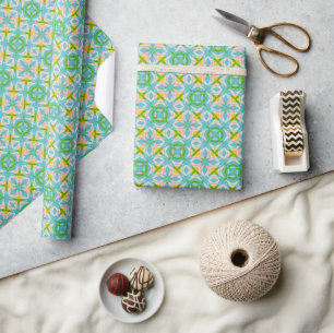 Papier Cadeau Motif kaléidoscope géométrique lumineux bleu vert