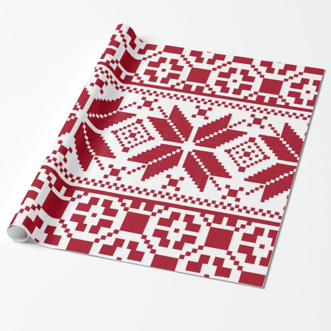 Papier Cadeau Motif Knit de Noël rouge et blanc (Déroulé)