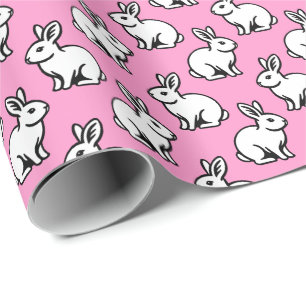 Papier Cadeau Motif lapins - noir et blanc avec rose