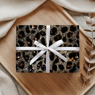 Papier Cadeau Motif Léopard Brun Noir Or Paillettes Luxe