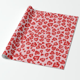 Papier Cadeau Motif Léopard de Cœurs en Rouge sur Fond Rose