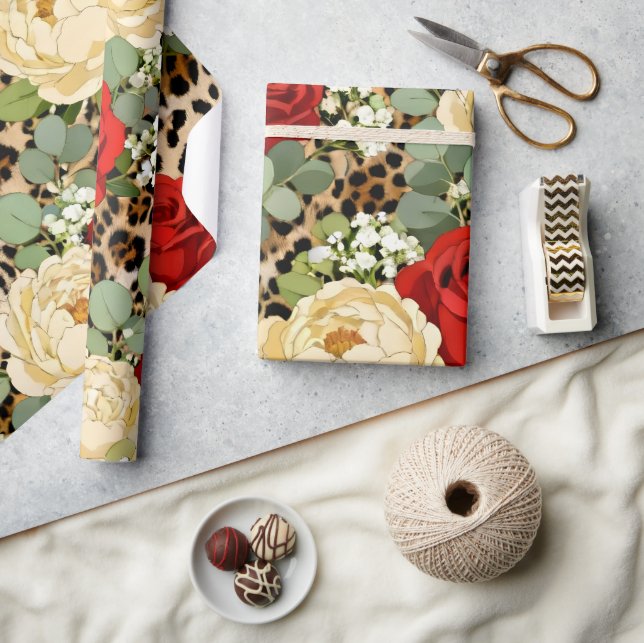 Papier Cadeau Motif Léopard & Rose Rouge - Floral Animal Chic (Artisanat)
