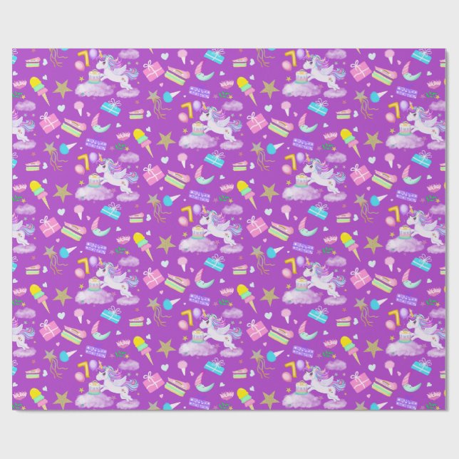 Papier Cadeau Motif Licorne Anniversaire 7 Ans Violet (Plat)