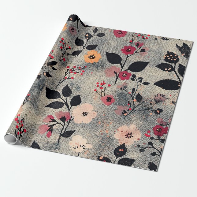 Papier Cadeau Motif lin floral rose rustique (3) (Déroulé)